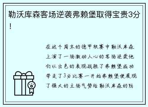 勒沃库森客场逆袭弗赖堡取得宝贵3分！